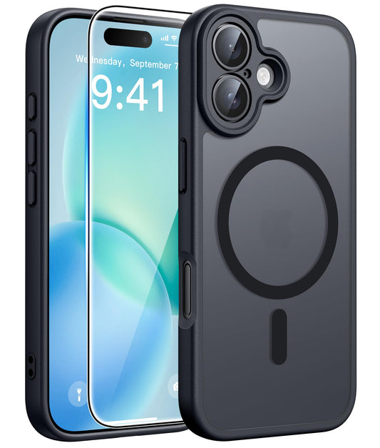 FNTCASE for iPhone 16 Phone Case: Magnetic Translucent Matte [Full Covered Camera Protection] [Screen Protector] Military Grade Shockproof Slim Cover Drop Proof Protective Cases - Black