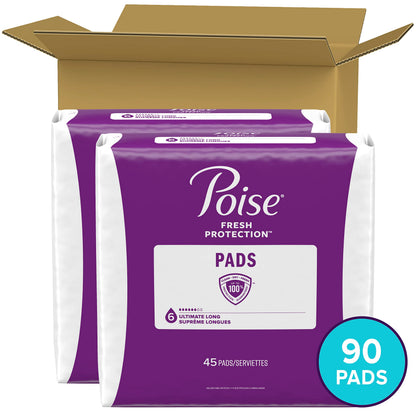 Poise Incontinence Pads for Women, Ultimate Absorbency, Long, Original Design, 90 Count (2 Packs of 45) (Packaging May Vary)