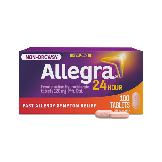 Allegra 24 Hour Allergy Medication, Non Drowsy, Fast and Effective Multi-Symptom Allergy Relief Medicine for Sneezing, Watery Eyes and Itchy Throat, Fexofenadine Hydrochloride 120 mg, 100 Tablets - Available at All In One Marketplace Canada
