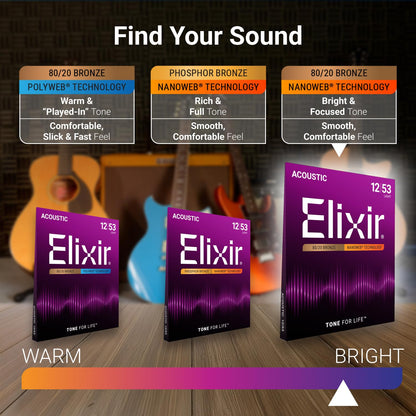 Elixir 80/20 Bronze Acoustic Guitar Strings with Nanoweb Coating - Custom Light 11-52