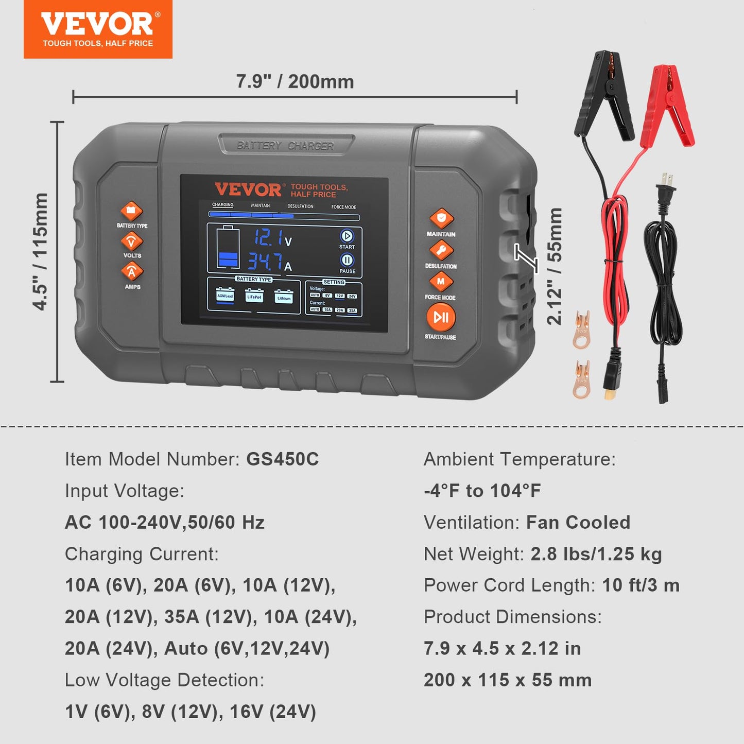 VEVOR Smart Battery Charger, 35-Amp, Lithium LiFePO4 Lead-Acid (AGM/Gel/SLA) Car Battery Charger with LCD Display, Trickle Charger Maintainer Desulfator for Boat Motorcycle Lawn Mower Deep Cycle VEVOR
