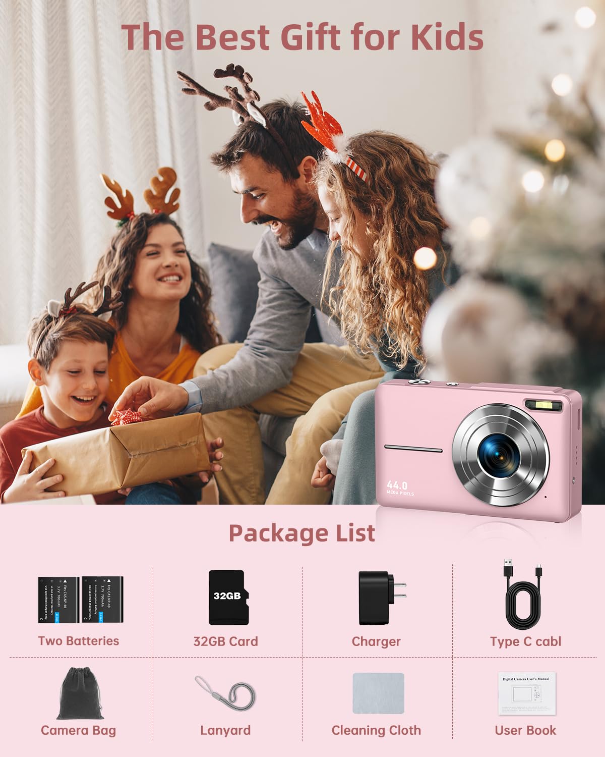 CAMKORY Digital Camera, Full HD 1080P Point and Shoot Camera, 44MP Kids Camera with 32GB Card, 16X Zoom, Pink - Available at All In One Marketplace Canada