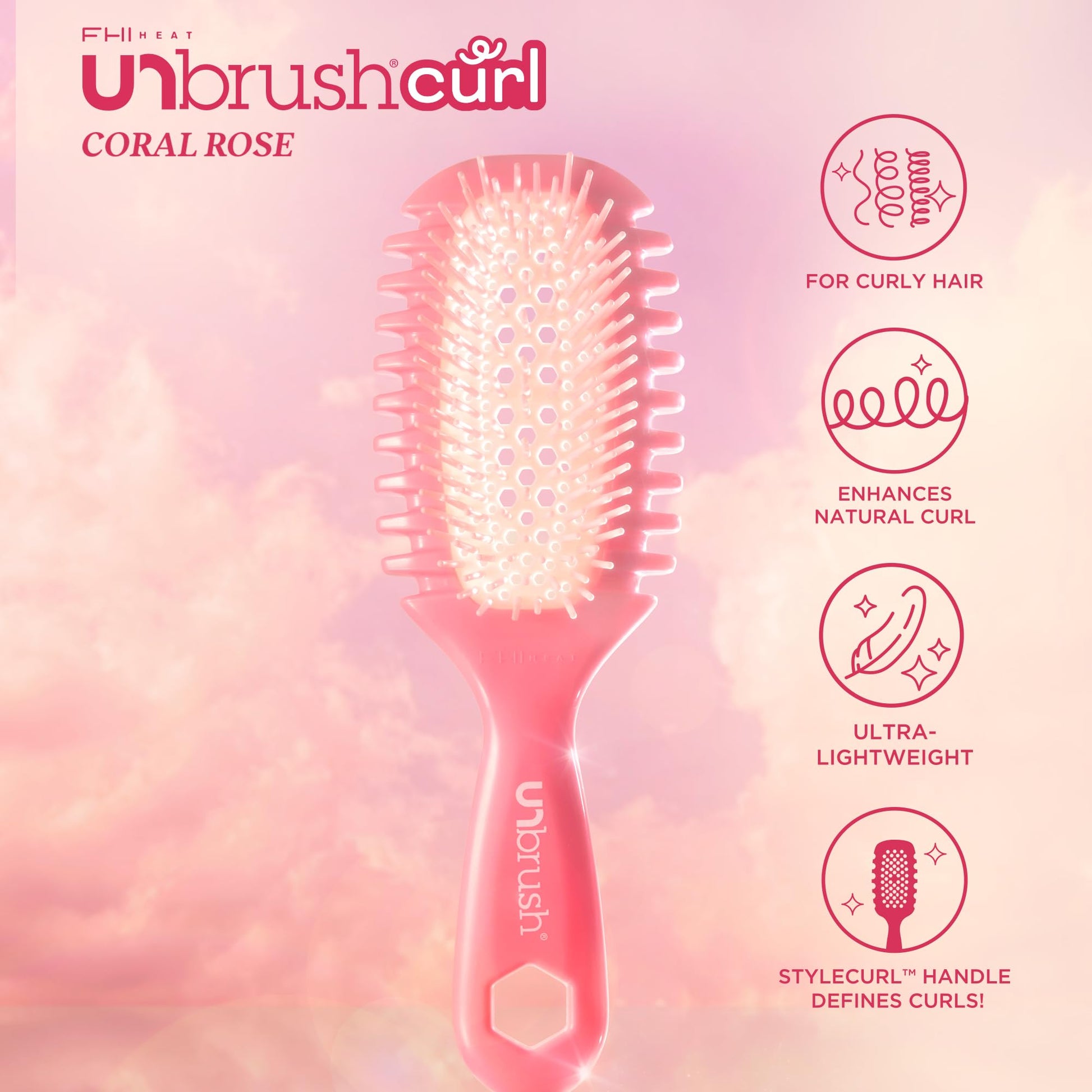 FHI Heat UNbrush Curl Defining Brush — Wavy, Coily, and Curly Hair Brush with DuoFlex Bristles & StyleCurl Handle — for Gentle Detangling & Faster Styling on Wet Hair - Coral Rose FHI Heat