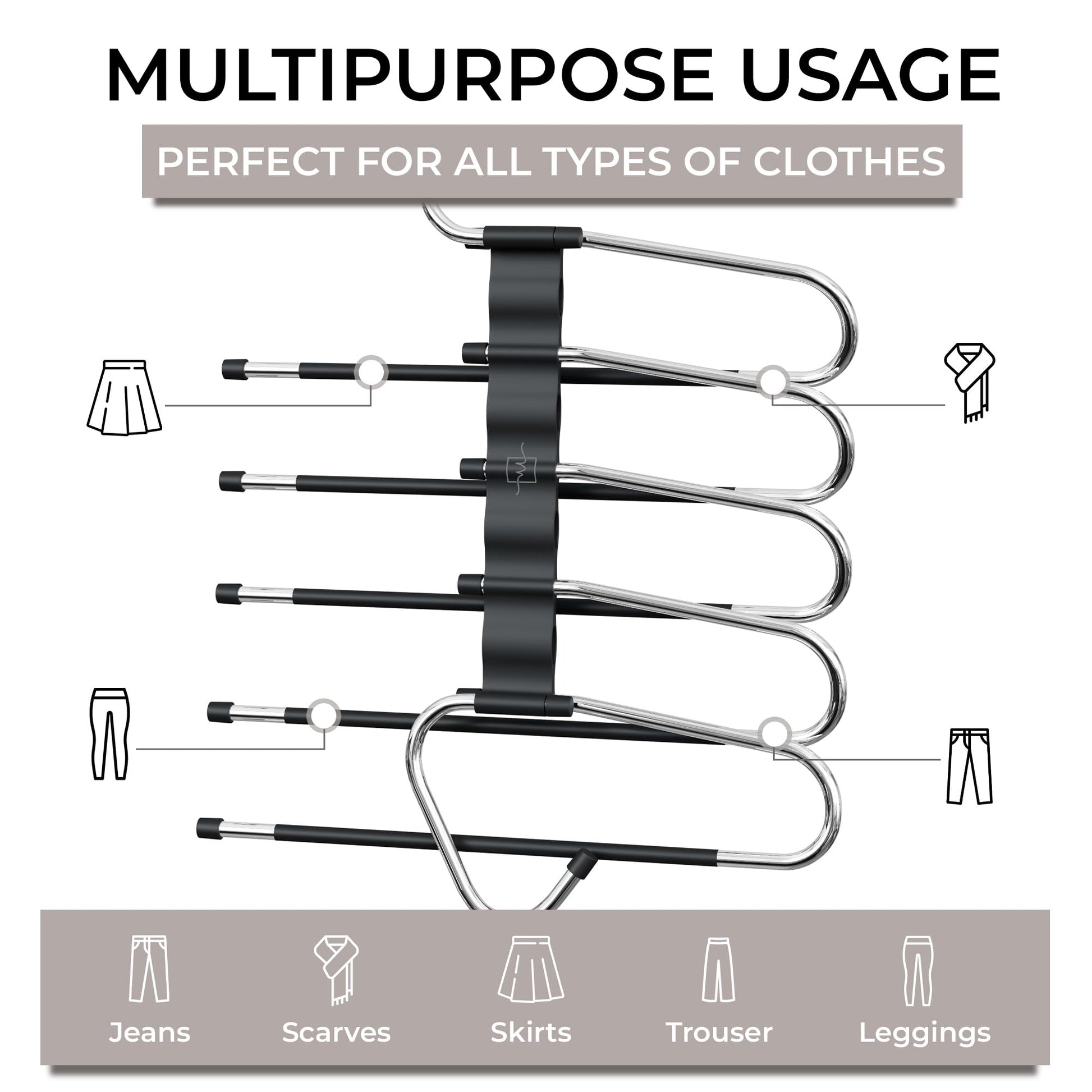 MORALVE Pants Hangers Space Saving - 2 Pack - Non-Slip Multi-Layer Space Saving Hangers - Multifunctional Clothing Rack for Closet Storage - Ideal for Jeans, Trousers, Skirts, Scarves & Slacks (Black) - Available at All In One Marketplace Canada
