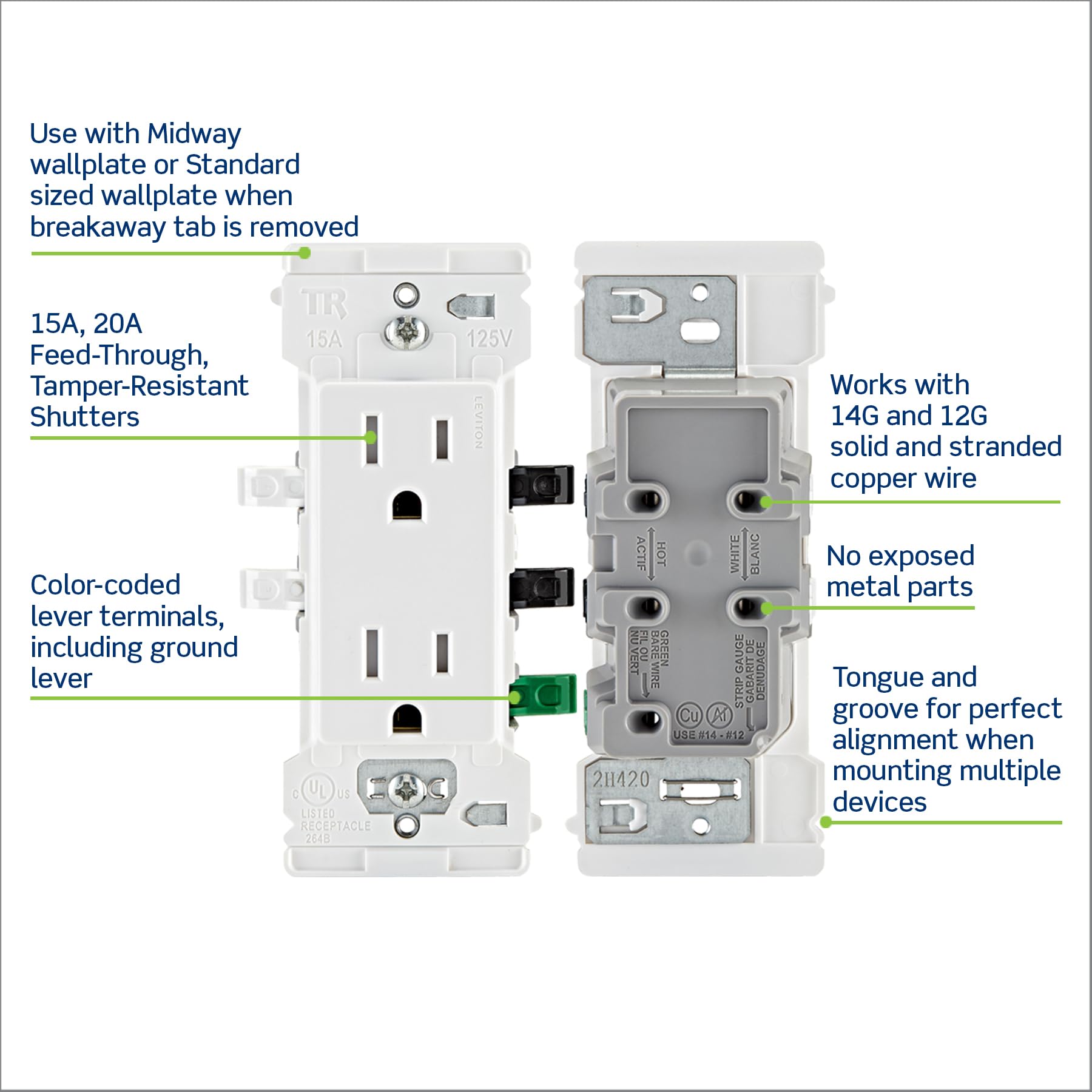 Leviton Decora Edge, 10-Pack, 15 Amp Tamper-Resistant Duplex Wall Receptacle, E5325-0MW, White 🍁 All In One Marketplace Canada Leviton