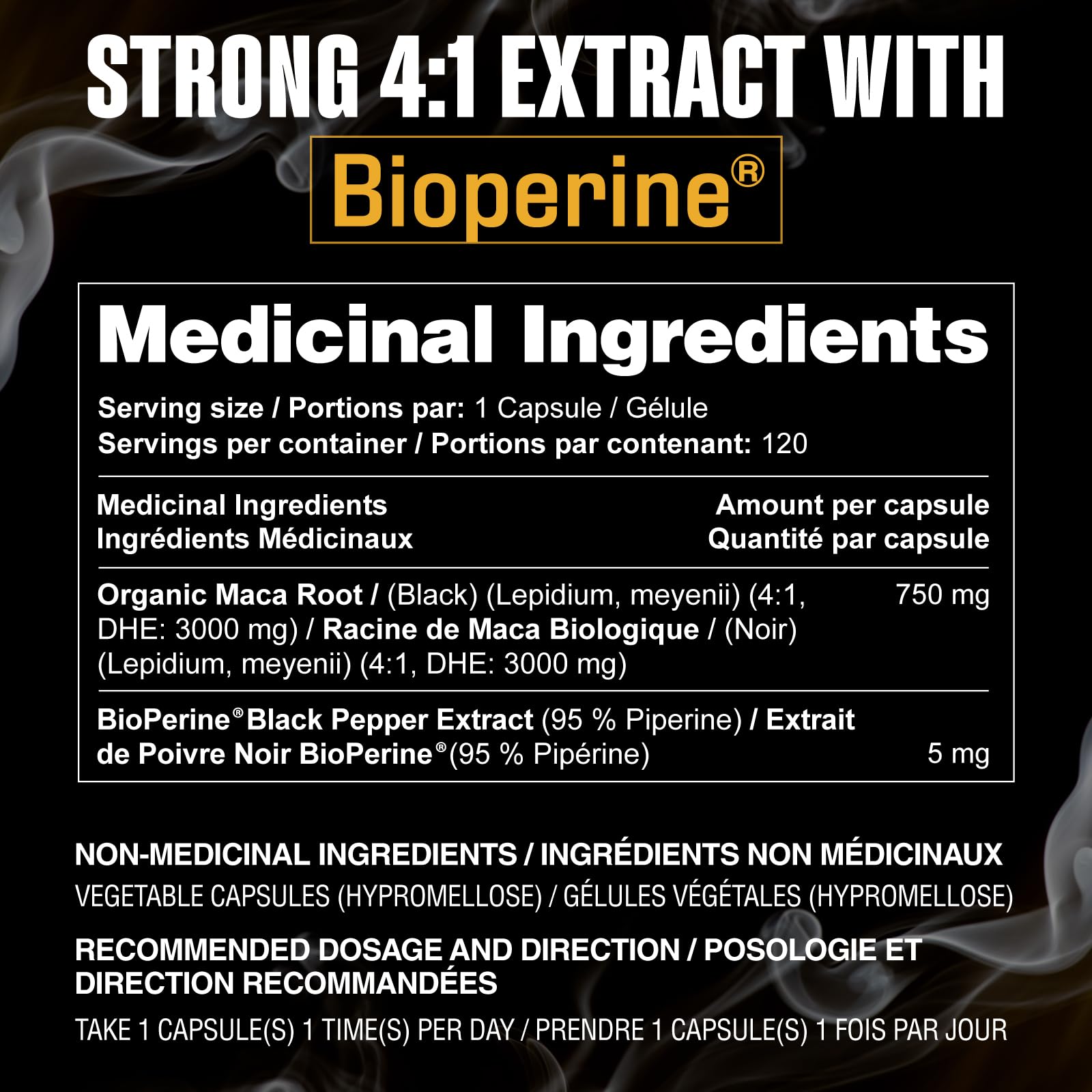 Organic Black Maca for Men & Women DHE 3000mg (Industry Strongest) with 5mg Bioperine per Capsule - Organic Gelatinized Maca for all Genders | 750 mg 4:1 Extract Maca Root / Maca Powder | Proudly Canadian | 4 Month Supply, Non-GMO, Vegan, Gluten Free, Soy - Available at All In One Marketplace Canada