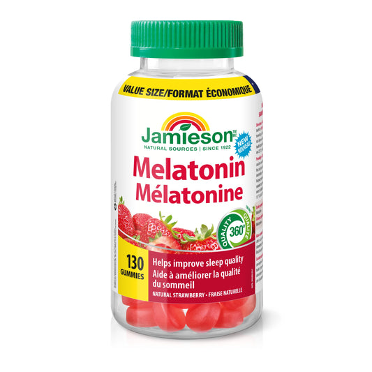 Jamieson Melatonin 2.5 mg Gummies Natural Strawberry Flavour, Improves Sleep Quality, Increases Sleep Time, and Helps Reset the Body's Sleep-Wake Cycle. Vegetarian, Non-GMO, Gluten-Free, No Artificial Flavours, Colours, or Preservatives, 130 Count, Proudl