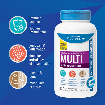 Progressive Advanced Multivitamin for Men 50+, with Maca, Turmeric, Bacopa Extract and CoQ10. For Immune and Joint Support, Heart Health, and Inflammation, 100% Complete, Canadian-Made, 120 Count