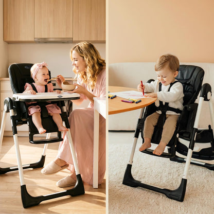INFANS High Chair for Babies & Toddlers, Foldable Highchair with Multiple Adjustable Backrest, Footrest and Seat Height, Removable Tray, Detachable PU Leather Cushion, Built-in Rear Wheels (Black) (Black)