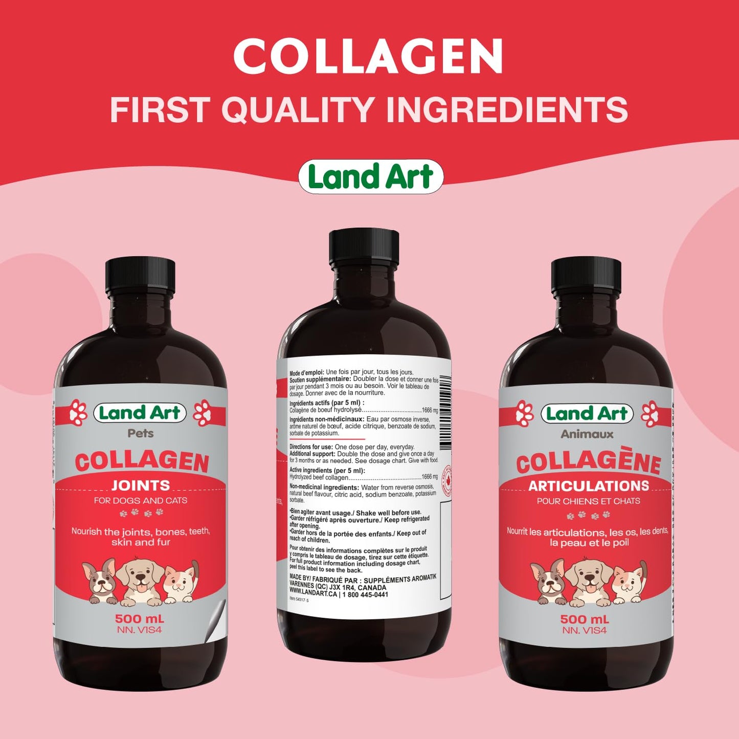 Pet Collagen Supplement - Grass Fed Beef Hydrolyzed - Natural Beef Flavour - Joint Care - Mobility & Health - Gluten, GMO & Sugar Free - for Dog & Cats - Made in Canada - 500ml - Available at All In One Marketplace Canada