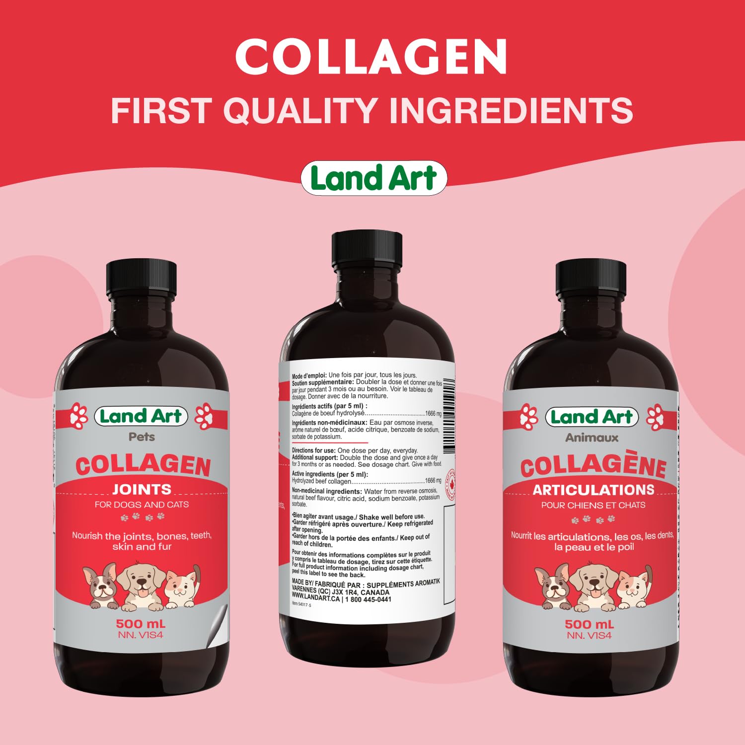 Pet Collagen Supplement - Grass Fed Beef Hydrolyzed - Natural Beef Flavour - Joint Care - Mobility & Health - Gluten, GMO & Sugar Free - for Dog & Cats - Made in Canada - 500ml - Available at All In One Marketplace Canada