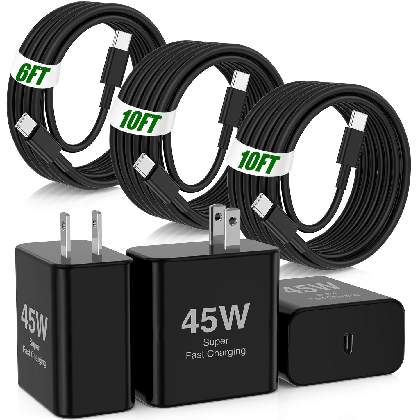 45W Super Fast Charger USB C,3 Pack USB C Charger Block with 10/10/6FT Type C Cable Fast Charge for Samsung Galaxy S26 S25 Ultra S26+/S24/S23/S22/S21, Android, Galaxy Tablet, iPhone 17/16/15 Pro Max