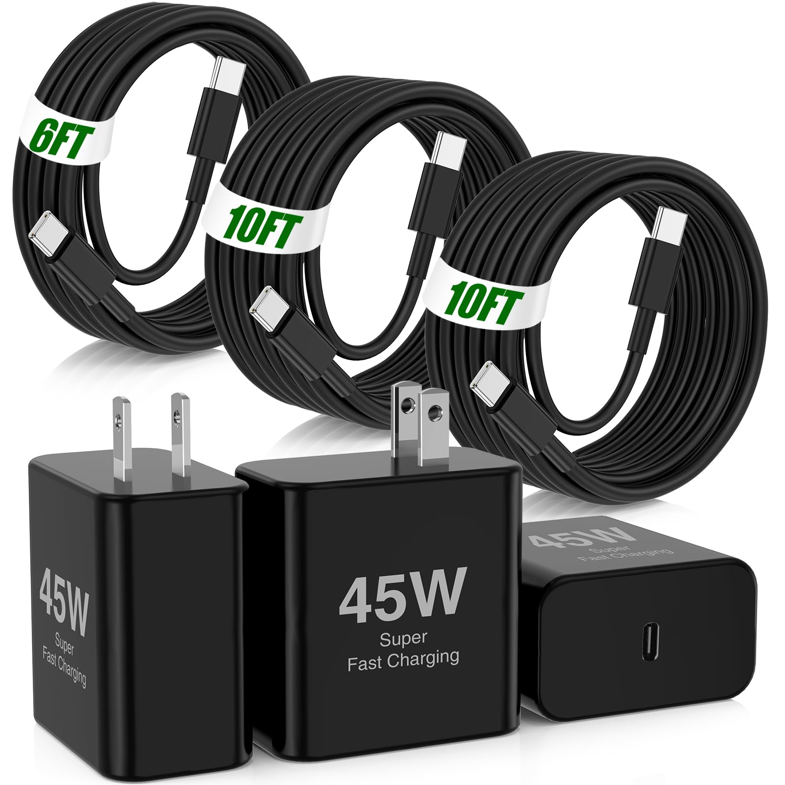 45W Super Fast Charger USB C,3 Pack USB C Charger Block with 10/10/6FT Type C Cable Fast Charge for Samsung Galaxy S26 S25 Ultra S26+/S24/S23/S22/S21, Android, Galaxy Tablet, iPhone 17/16/15 Pro Max