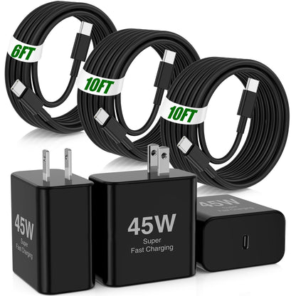 45W Super Fast Charger USB C,3 Pack USB C Charger Block with 10/10/6FT Type C Cable Fast Charge for Samsung Galaxy S26 S25 Ultra S26+/S24/S23/S22/S21, Android, Galaxy Tablet, iPhone 17/16/15 Pro Max