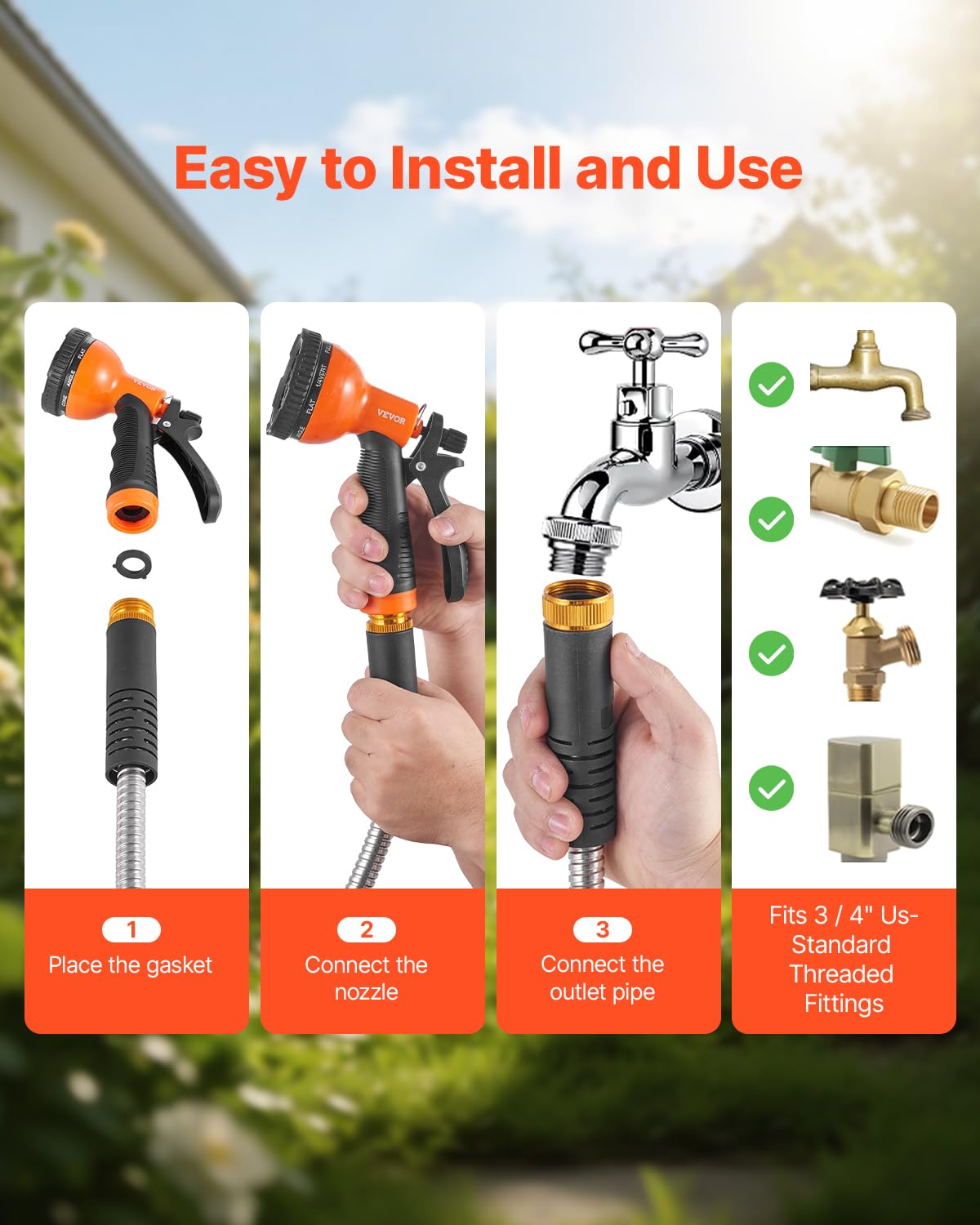 VEVOR Metal Garden Hose 100 ft, Rust Proof Stainless Steel Water Hose, Heavy Duty Backyard Hose with 10 Function Nozzle, No-Kink & Flexible Water Pipe, Lightweight Metal Hose for Yard, Outdoor 🍁 All In One Marketplace Canada