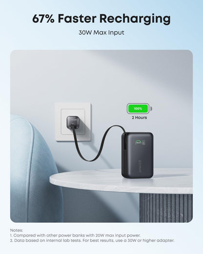 Anker Nano Power Bank, 10,000mAh Portable Charger with 2.3 ft Anker InstaCord Retractable Cable, 45W Max Compact Battery Pack, Smart Display, for iPhone 17/16 Series,iPad,Galaxy,Pixel and More (Black)