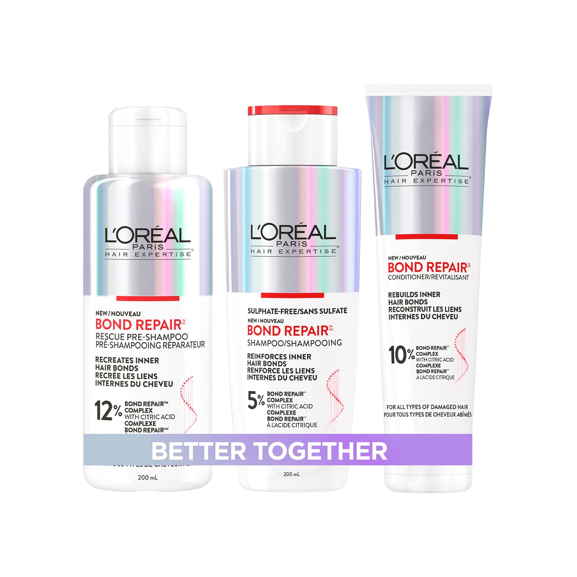 L'Oréal Paris Hair Expertise Bond Repair Shampoo and Conditioner Set with Hair Treatment, Citric Acid for Hair Breakage, 3x Pieces (Pre-Shampoo, Shampoo, Conditioner) - Available at All In One Marketplace Canada