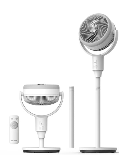 PELONIS Pedestal Fan, Air Circulator, Ultra OmniFlow (135°+90°Auto Oscillation), Quiet Floor Fan with 3 Speeds, Remote, 7H Timer, Memory Function, Adjustable Height, Standing Fan for Bedroom PELONIS