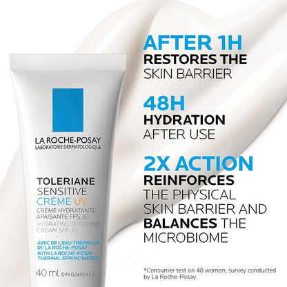 La Roche-Posay Face Moisturizer with SPF 30 for Sensitive Skin, Toleriane Sensitive UV Facial Lotion, Hydrating & Soothing Moisturizer with Thermal Water, Recommended by Dermatologists, 40 ml.