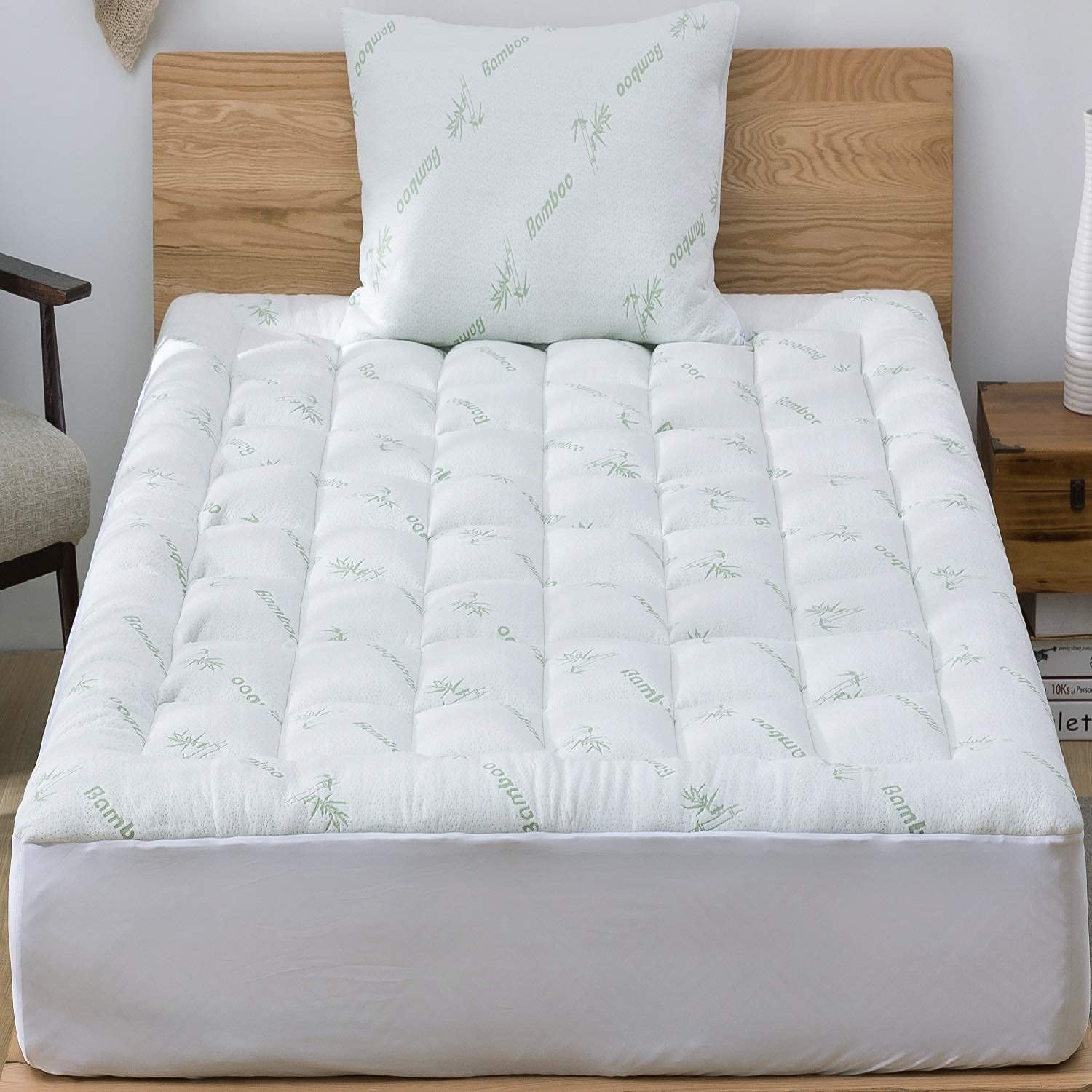 Bamboo Mattress Topper Double/Full Size - Thick Cooling Breathable Pillow Top Mattress Pad for Back Pain Relief - Deep Pocket Topper Fits 8-20 Inches (54x75 Inches, Green)