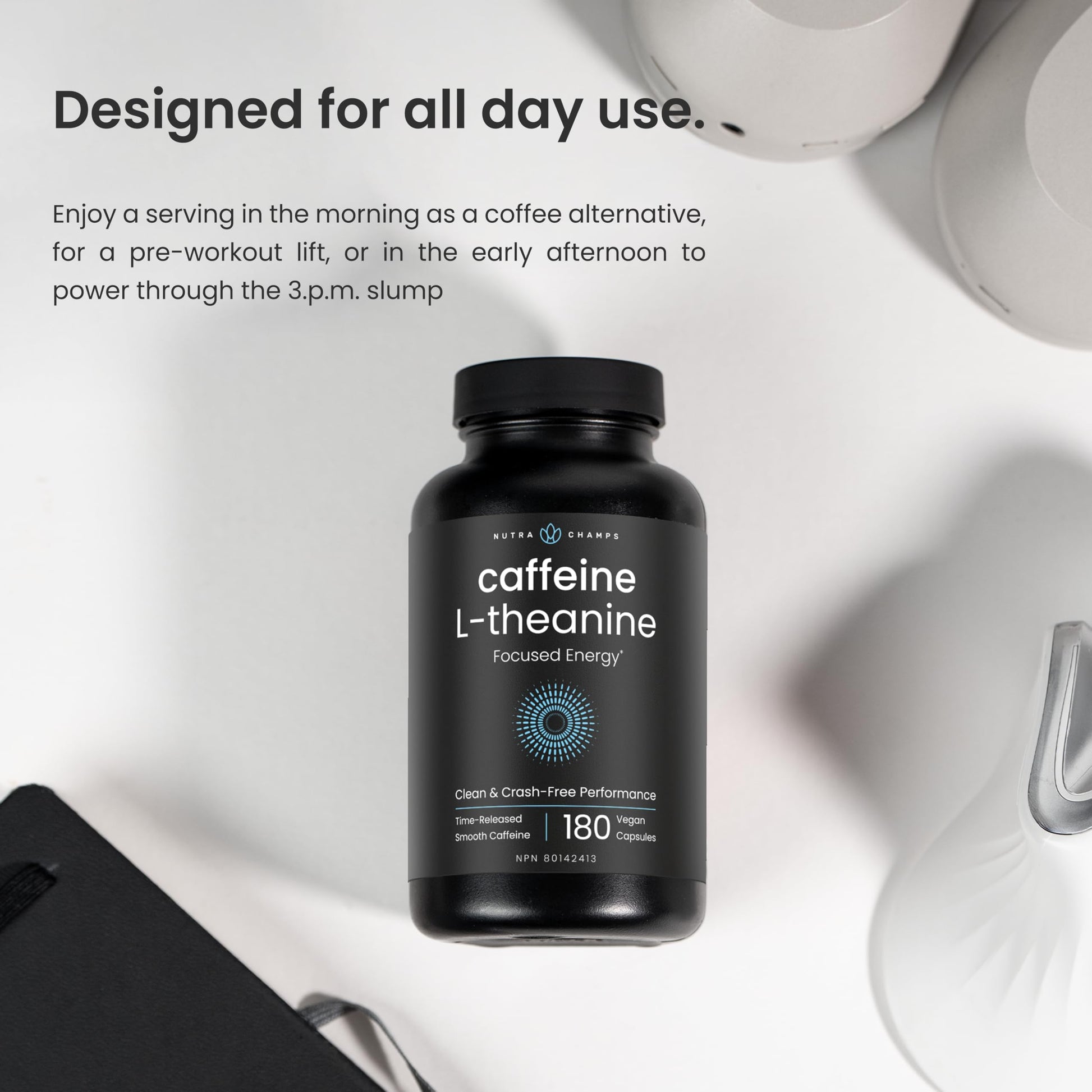 Caffeine Pills with L-Theanine - 180 Energy Pills for Women & Men - Clean & Long-Lasting Focused Energy - Sustained Release 100mg Caffeine + 200mg L Theanine - No Crash Capsules, Vegan Supplement - Available at All In One Marketplace Canada