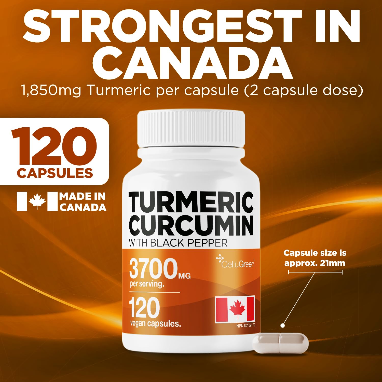 CelluGreen Turmeric Curcumin 3,700mg with Black Pepper Extract — 95% Curcuminoids for Joint Pain Relief & Anti-Inflammatory Support | Curcuma Longa | Non-GMO, Gluten-Free, Made in Canada | 120 Capsules - Available at All In One Marketplace Canada