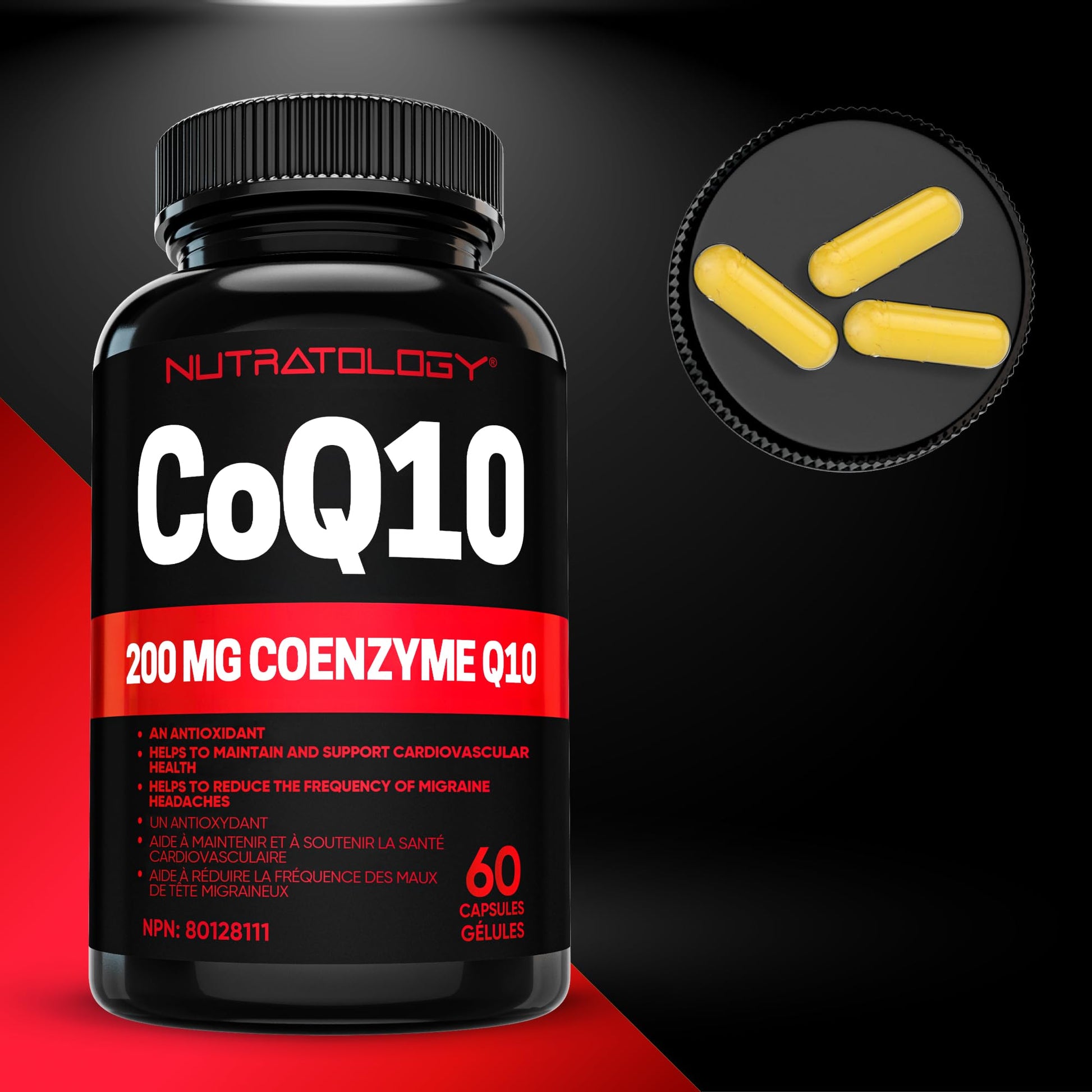Nutratology® Coenzyme Q10 (CoQ10) 200MG - Cardiovascular Health Support - Antioxidant for Heart Health - Helps Reduce the Frequency of Migraines - CoQ10 Supplement - 60 Capsules - Available at All In One Marketplace Canada