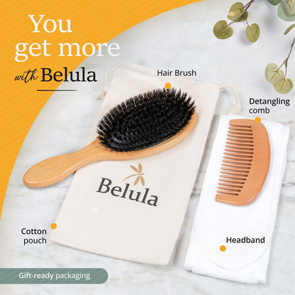 Belula 100% Boar Bristle Hair Brush Set (Medium). Soft Natural Bristles for Thin and Fine Hair. Restore Shine And Texture. Wooden Comb, Travel Bag and Spa Headband Included! - Available at All In One Marketplace Canada