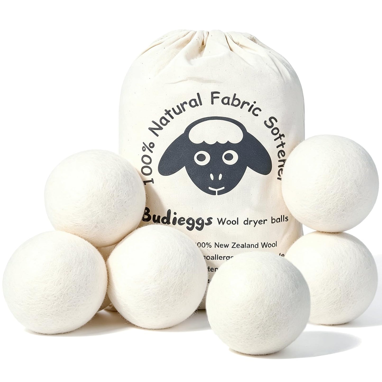 Budieggs Wool Dryer Balls Organic XL 6-Pack, 100% New Zealand Wool Chemical Free Fabric Softener for 1000+ Loads, Baby Safe & Hypoallergenic, Fabrics Soft and Fluffy Naturally - Available at All In One Marketplace Canada