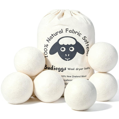 Budieggs Wool Dryer Balls Organic XL 6-Pack, 100% New Zealand Wool Chemical Free Fabric Softener for 1000+ Loads, Baby Safe & Hypoallergenic, Fabrics Soft and Fluffy Naturally - Available at All In One Marketplace Canada