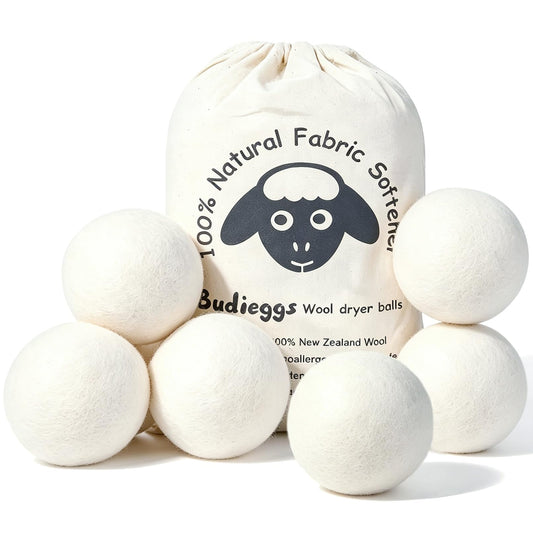 Budieggs Wool Dryer Balls Organic XL 6-Pack, 100% New Zealand Wool Chemical Free Fabric Softener for 1000+ Loads, Baby Safe & Hypoallergenic, Fabrics Soft and Fluffy Naturally - Available at All In One Marketplace Canada