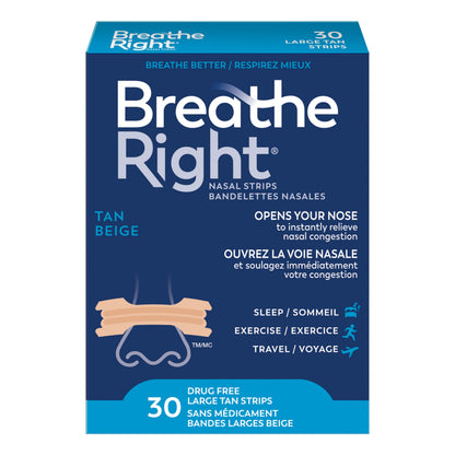 Breathe Right Nasal Strips, Original Large, Tan, Drug-Free Snoring Solution & Nasal Congestion Relief Caused by Colds & Allergies, Nightly Sleep, 30 Count - Available at All In One Marketplace Canada
