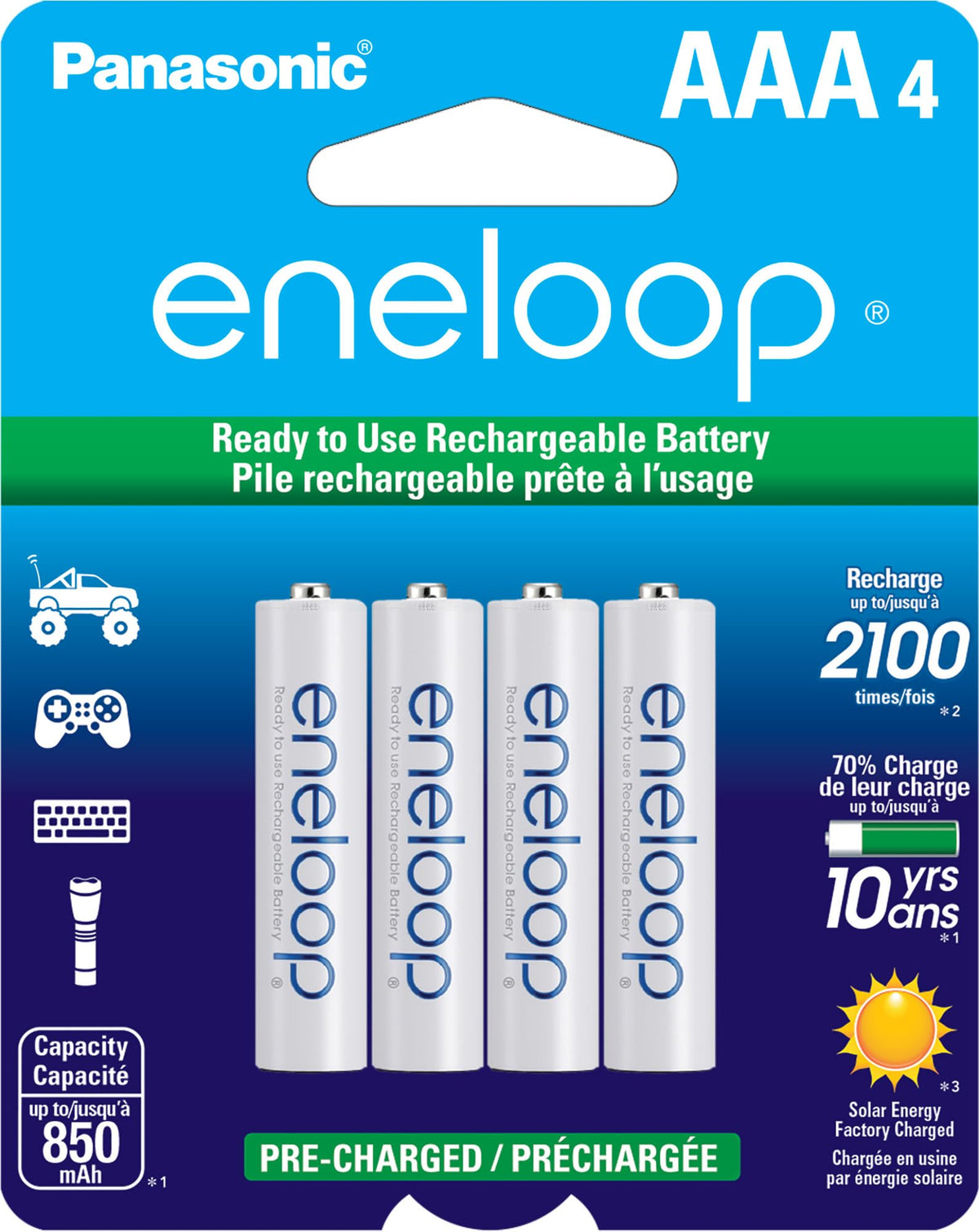 Panasonic BK-4MCCA4BA Eneloop AAA 2100 Cycle Ni-MH Pre-Charged Rechargeable Batteries, 4 Pack