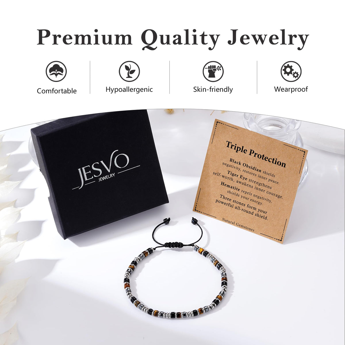 Jesvo Triple Protection Bracelet Gifts for Men, Beaded Hematite Tiger Eye Black Obsidian Stone Gemstone Bracelets Healing Jewelry Christmas Stocking Stuffers Gifts for Man Male Him 🍁 All In One Marketplace Canada