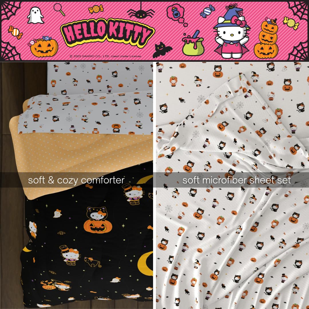 Sanrio Hello Kitty Halloween Pumpkin Full Bed Set – Super Soft & Cozy 5 Piece Reversible Comforter and Sheet Set (Officially Licensed Product) by Franco