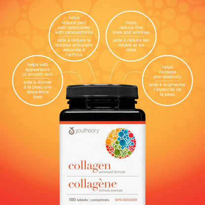 Youtheory Collagen Advanced Formula with Vitamin C, Hydrolyzed Formula for Optimal Absorption, Skin, Hair, Nails and Joint Support 180 Count - Available at All In One Marketplace Canada
