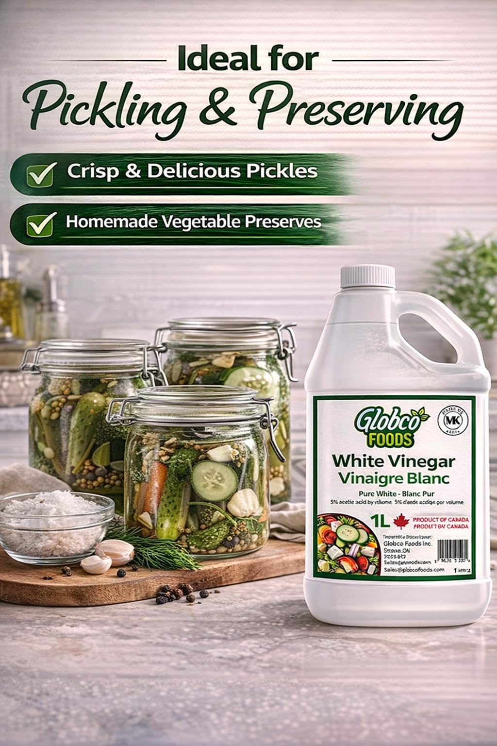 Globco Foods Pure White Vinegar 1L - Allergen-Free & Gluten-Free - No Additives - Ideal for Cooking & Cleaning - Multi-Purpose Cleaner for Kitchen, Bathroom & Laundry - Premium Quality- Made in Canada - Available at All In One Marketplace Canada