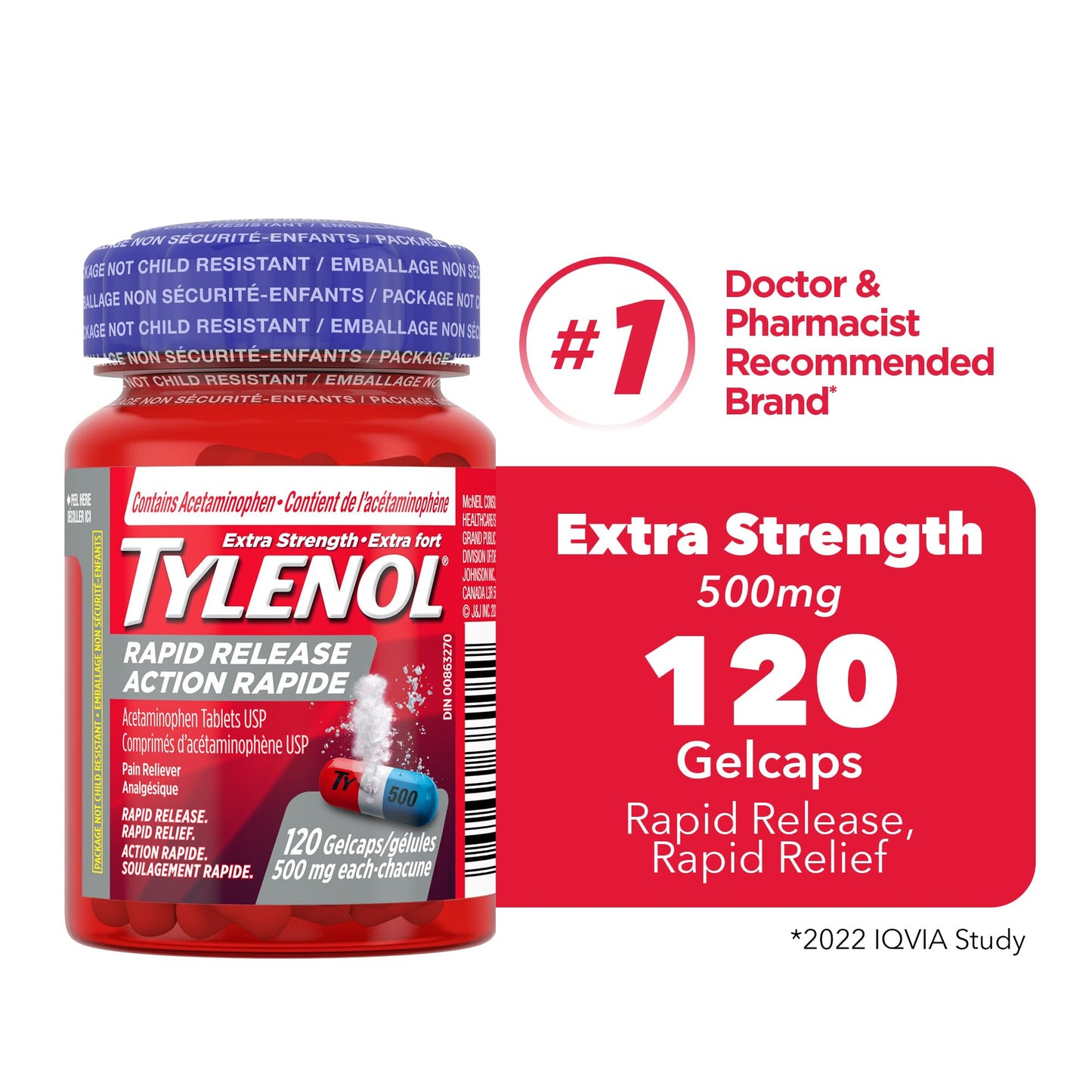 Tylenol Extra Strength Pain Reliever Medicine for Headache, Back Pain and to Reduce Fever, Acetaminophen Rapid Release Gelcaps, 500mg, 120 Gelcaps