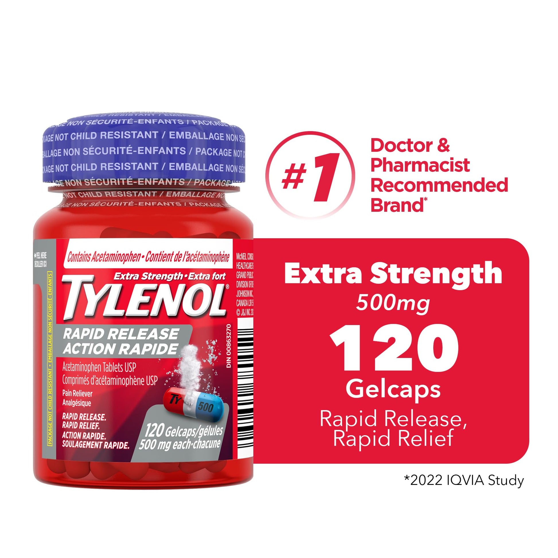 Tylenol Extra Strength Pain Reliever Medicine for Headache, Back Pain and to Reduce Fever, Acetaminophen Rapid Release Gelcaps, 500mg, 120 Gelcaps