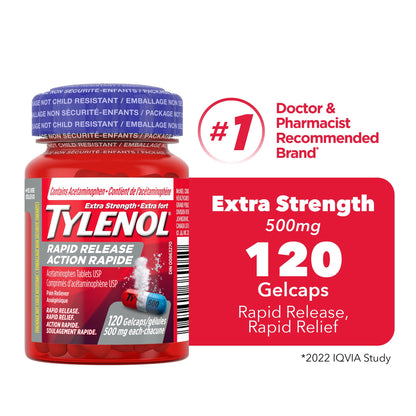 Tylenol Extra Strength Pain Reliever Medicine for Headache, Back Pain and to Reduce Fever, Acetaminophen Rapid Release Gelcaps, 500mg, 120 Gelcaps