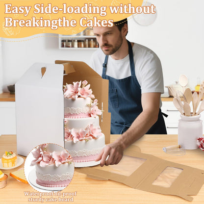 3 Pack Tall Cake Box for Tier Cake with Cake Board, 12 x 12 x 14 Inch Large Tiered Cake Carriers with Clear Windows & Handle, Disposable Bakery Take Out Transport Container for Birthday Wedding Party 🍁 All In One Marketplace Canada
