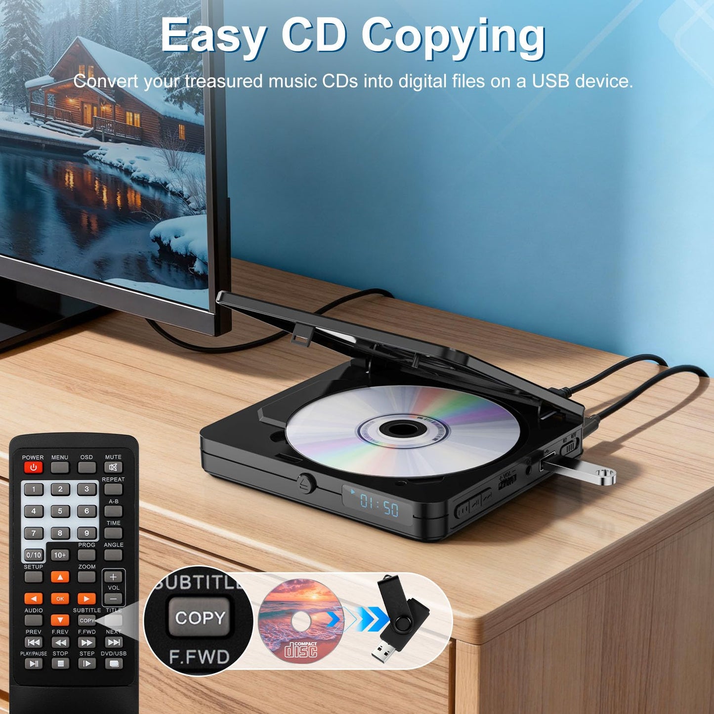 Homlab Mini DVD Player with Remote Control - All Region Free 1080P HD Small Compact CD DVD Player for Smart TV & Projector, Features HDMI Output, Headphone Jack, USB 2.0 Input, PAL/NTSC Support Homlab