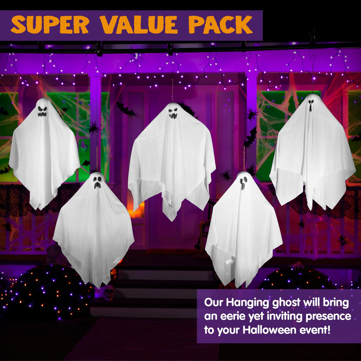 JOYIN 27.5" Halloween Hanging Ghosts Outdoor Decoration(5 Pack), Cute Flying Ghosts for Halloween Front Yard Patio Lawn Garden Party Décor and Holiday Hanging Decorations 🍁 All In One Marketplace Canada