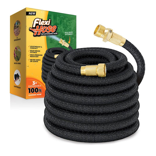 Flexi Hose Expandable Garden Hose, Lightweight & No-Kink Flexible Garden Hose, 3/4 inch Solid Brass Fittings and Double Latex Core, 100 ft Black