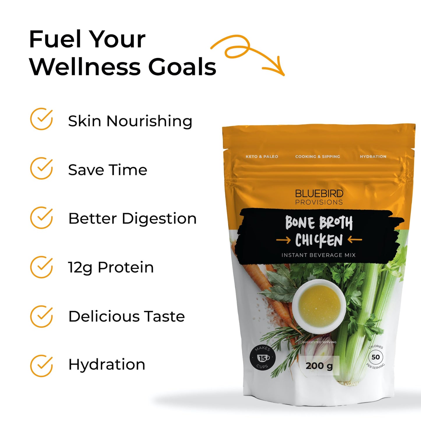 Bluebird Provisions Chicken Bone Broth Powder - Canadian-Made Chicken Bouillon with 12g Protein per Serving - Low Sodium Bone Broth Concentrate for Cooking & Sipping