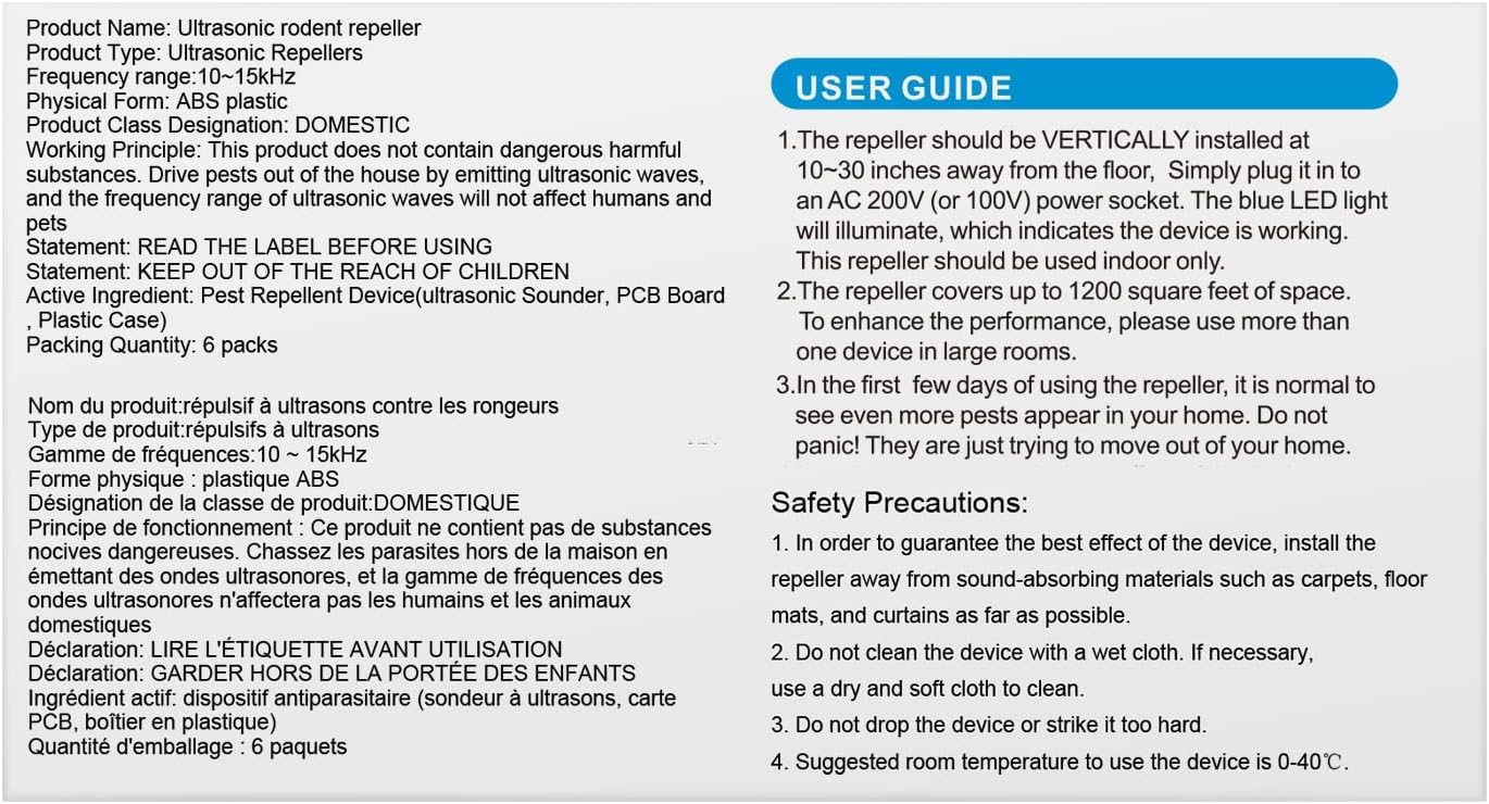 Pest Control Repeller, Plug-in Pest Control Repellent for Mouse, Insect, Cockroach, Mice, Spider, Bug, Ant, Mosquito, Rodent & Rats Indoor Use Repeller 6 Packs - Available at All In One Marketplace Canada