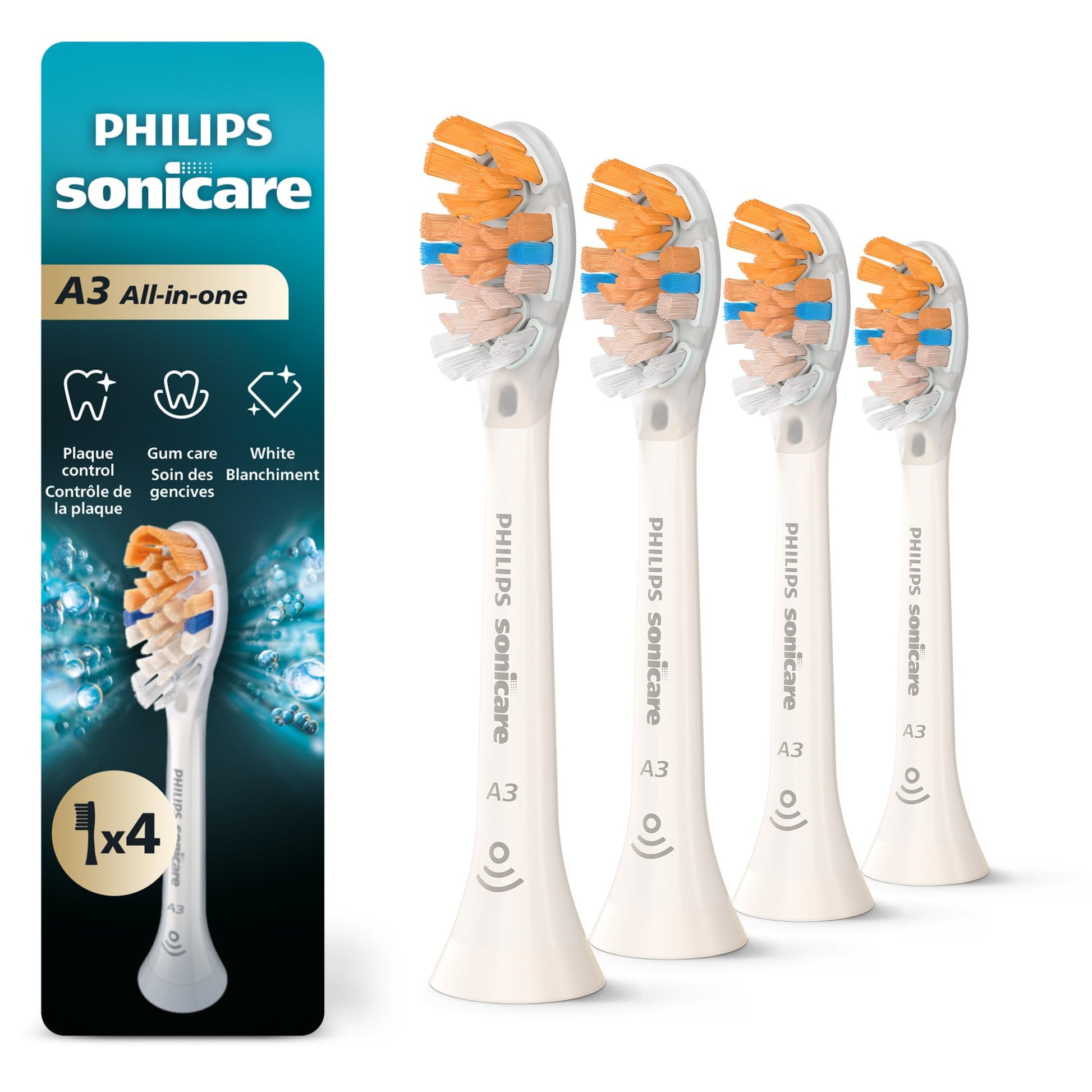 Philips Sonicare A3 All-in-One Genuine Replacement Electric Toothbrush Heads, 4 Pack One Year Supply, For effective whitening, plaque removal and better gum health, White, HX9094/65 - Available at All In One Marketplace Canada