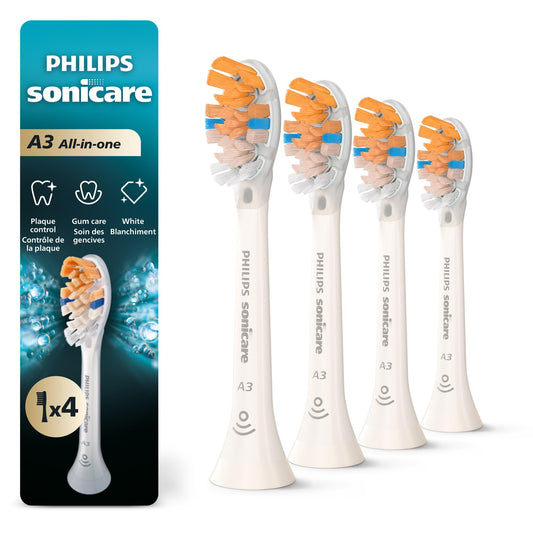 Philips Sonicare A3 All-in-One Genuine Replacement Electric Toothbrush Heads, 4 Pack One Year Supply, For effective whitening, plaque removal and better gum health, White, HX9094/65 - Available at All In One Marketplace Canada