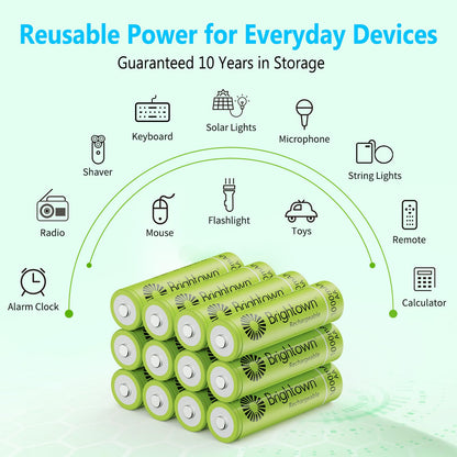 Brightown 12-Pack Rechargeable AA Batteries - 1000mAh 1.2V NiMH High Capacity Batteries - Ideal for Solar Lights & Home Devices, Recharge up to 1000x Times, Pre-Charged - Available at All In One Marketplace Canada
