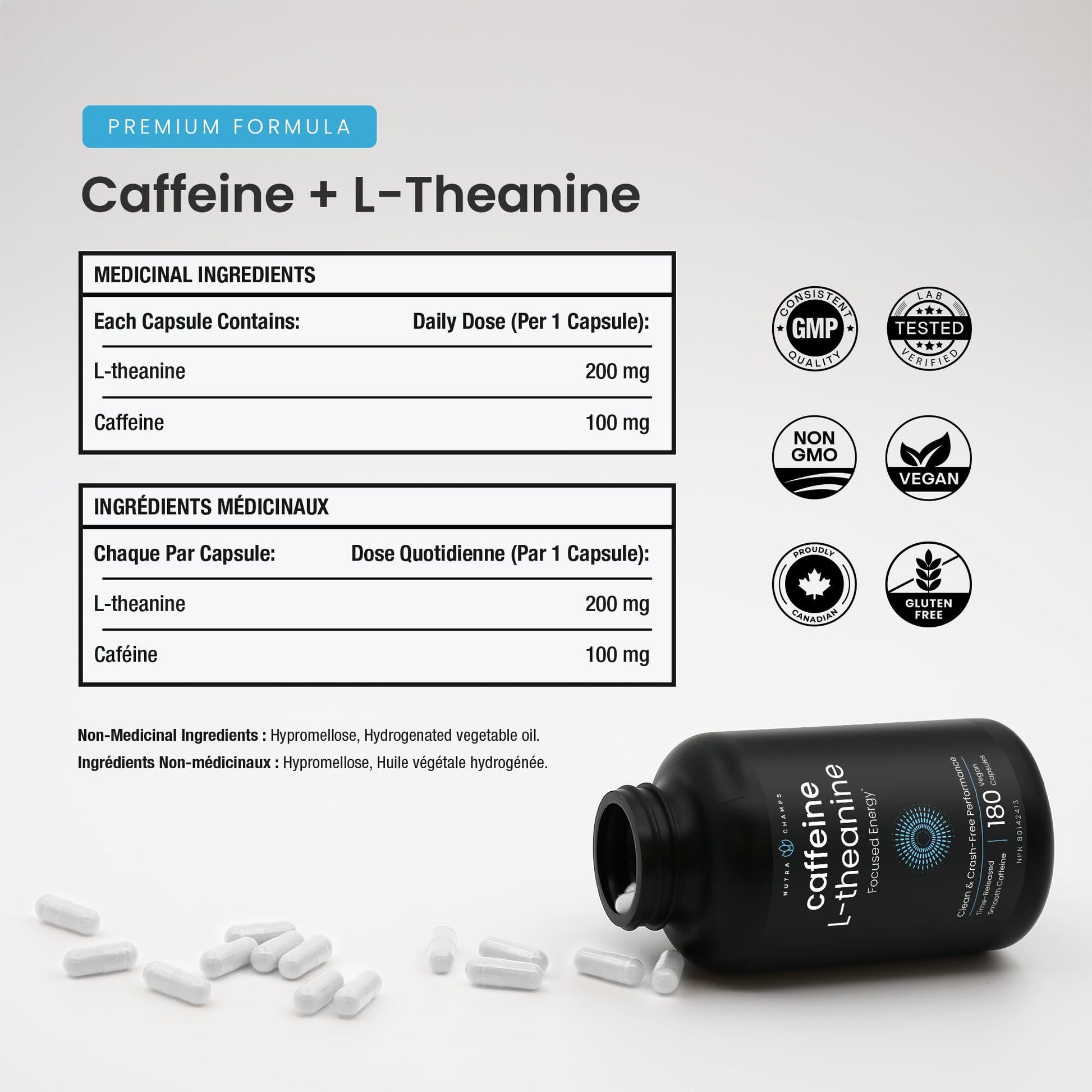 Caffeine Pills with L-Theanine - 180 Energy Pills for Women & Men - Clean & Long-Lasting Focused Energy - Sustained Release 100mg Caffeine + 200mg L Theanine - No Crash Capsules, Vegan Supplement - Available at All In One Marketplace Canada
